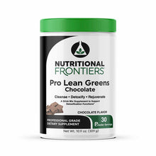 Green and white container of Pro Lean Greens Chocolate drink mix powder by Nutritional Frontiers with green lid, 10.9 oz.