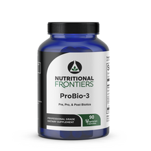 Blue dietary supplement bottle of ProBio-3 by Nutritional Frontiers containing 90 vegetarian capsules with black cap.