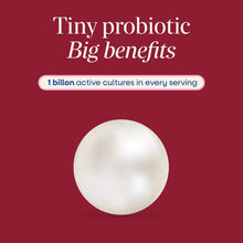 Single white probiotic pearl capsule displayed against deep red background with text about active cultures.