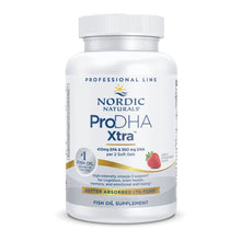 Nordic Naturals ProDHA Xtra fish oil supplement bottle with white cap and strawberry flavor label.