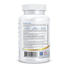 White bottle of ProDHA Xtra omega-3 supplement with white cap and product label detailing ingredients and usage instructions.