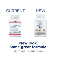 Two bottles of Nordic Naturals ProDHA supplement side by side, showing current and new packaging designs.