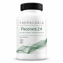 White bottle with black cap labeled Theralogix Prostate 2.4 Nutritional Supplement, 180 capsules, with NSF certification mark