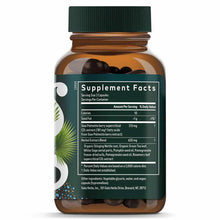 Brown glass bottle with green cap containing dark capsules and Supplement Facts label showing herbal ingredients.