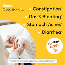 Adult hand giving small chewable tablet to child's hand on yellow background with health benefit text.
