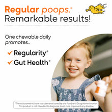 Small child holding white and orange chewable tablet with text describing probiotic benefits for digestive health.