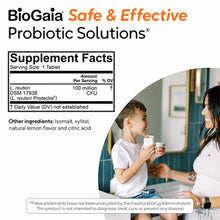 BioGaia Protectis Kids Probiotics chewable tablet with supplement facts label and child with adult.
