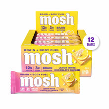 MOSH protein bars in lemon white chocolate crunch flavor, 12-pack box with individual wrapped bars displayed.