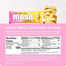 MOSH Lemon White Chocolate Crunch protein bar wrapper and stacked bar pieces on pink background.