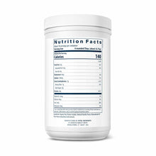 White plastic container of ProVeg Organic Pea Protein powder with white screw-top lid and Nutrition Facts label visible.