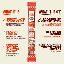 Red and white Takeaways puffed snack bar with pizza flavor branding and product description text on packaging.