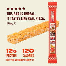 Takeaways cheese pizza puffed snack bar in red packaging, containing 12g protein and 120 calories.