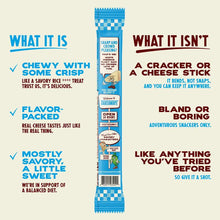 Takeaways puffed snack bar with blue checkered wrapper, surrounded by product description text.