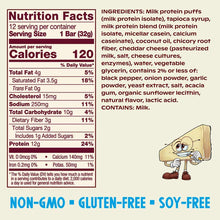 Nutrition facts label for puffed snack bar by Takeaways, showing 120 calories per 32g serving with 12g protein.