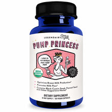 Blue and white dietary supplement bottle labeled "Pump Princess" by Legendairy Milk, containing 60 vegan capsules.