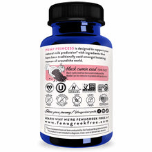 Blue bottle with black cap labeled "Pump Princess" by Legendairy Milk, containing black cumin seed supplement with certificat