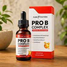Brown glass dropper bottle and red-and-white box of Pure Factors Pro B Complex vitamin supplement, 1 oz size.