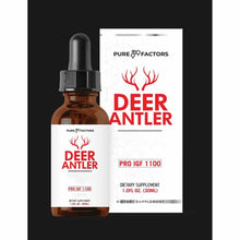 Brown glass dropper bottle with black cap and white label featuring red deer antler logo, displayed next to white product box