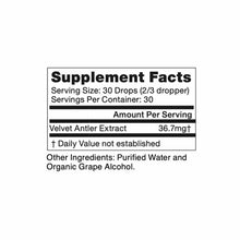Supplement facts label for deer antler extract liquid supplement with 30 servings per container.