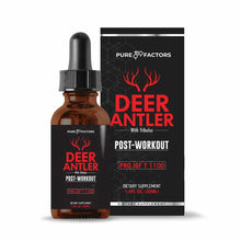 Brown glass dropper bottle with black cap next to black box labeled "Deer Antler with Tribulus Pro IGF T 1100" by Pure Factor
