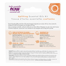 NOW Foods Uplifting Essential Oils Kit containing four bottles: Cheer Up Buttercup Oil Blend, Lemon Oil, Grapefruit Oil, and