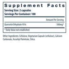 Supplement Facts label showing Quercetin Dihydrate 95% 500mg per serving, 2 capsules, 100 servings per container.