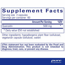 Supplement Facts label showing Quercetin 500 mg per serving with serving size of 2 capsules and 60 servings per container.
