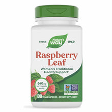 Nature's Way Raspberry Leaf supplement bottle with green cap, 100 vegan capsules, 640mg per serving, Non-GMO verified.