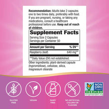 Supplement Facts label for Nature's Way Raspberry Leaf capsules showing 640mg per serving with gluten-free, vegan, dairy-free