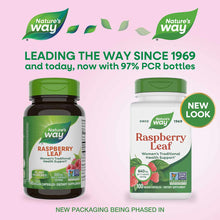 Two bottles of Nature's Way Raspberry Leaf supplement with green caps, one dark glass and one white plastic, displayed on pin