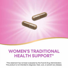 Two brown herbal supplement capsules on a pink background with gold wave design and text.