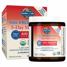 Garden of Life Raw Probiotics 5-Day Max Care powder in 75-gram container and box, USDA organic certified.