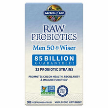 Garden of Life Raw Probiotics Men 50 & Wiser supplement bottle with blue and white label containing 90 vegetarian capsules.