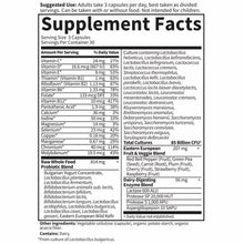 Bottle of Garden of Life Raw Probiotics Men 50 & Wiser supplement facts label showing 90 vegetable capsules with probiotics a