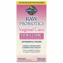 Garden of Life Raw Probiotics Vaginal Care supplement bottle with pink and cream label, 30 vegetarian capsules, no refrigerat