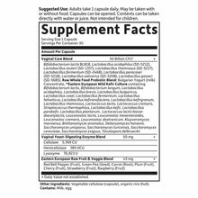 Supplement Facts label showing 50 Billion CFU vaginal care probiotic blend, enzyme blend, and fruit and vegetable ingredients
