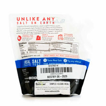 Redmond Life Real Salt coarse pouch with white front panel displaying nutrition facts, ingredients, and product information o