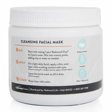 White container with white screw-top lid labeled "Cleansing Facial Mask" with usage instructions and product information on l