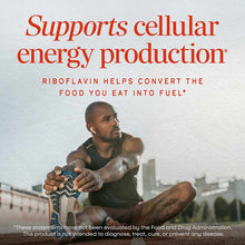 Natures Way Riboflavin Vitamin B2 100 Mg supplement packaging with text about cellular energy production and image of athlete