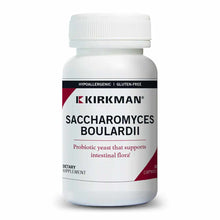 Kirkman Saccharomyces Boulardii probiotic supplement bottle with white cap and burgundy label, 100 capsules.