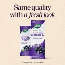 Two bottles of Nature's Way Sambucus elderberry syrup with purple labels and elderberry imagery on a beige background.