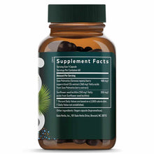 Brown glass bottle of Gaia Herbs Saw Palmetto supplement with green cap and label showing supplement facts.