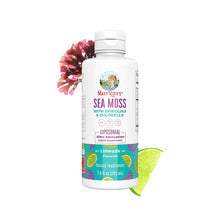 White bottle of MaryRuth's sea moss liquid supplement with spirulina and chlorella, 7.6 fl oz, limeade flavored, displayed wi