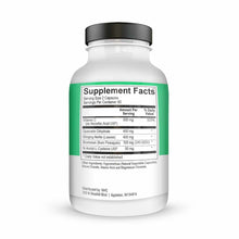 White supplement bottle with black cap and green label displaying Supplement Facts for Seasonal Assist Complete with ingredie
