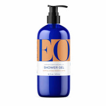Blue bottle of EO Products shower gel with black pump dispenser, labeled orange blossom vanilla scent, 16 fl oz.