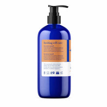 Blue plastic pump bottle of EO Products shower gel with tan and white label on front.