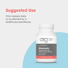 White bottle of Allergy Research Group Silymarin 300 mg milk thistle extract containing 180 vegetarian capsules.