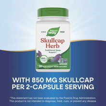 Nature's Way Skullcap Herb bottle with green cap containing 100 vegan capsules at 850 mg per serving.