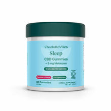 Charlotte's Web Sleep CBD Gummies with 3mg melatonin in raspberry flavor, 30-count container with teal lid.