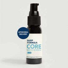 Black spray bottle labeled Sleep Formula by Core Med Science, 1 oz, with liposomal delivery badge and berry flavor designatio